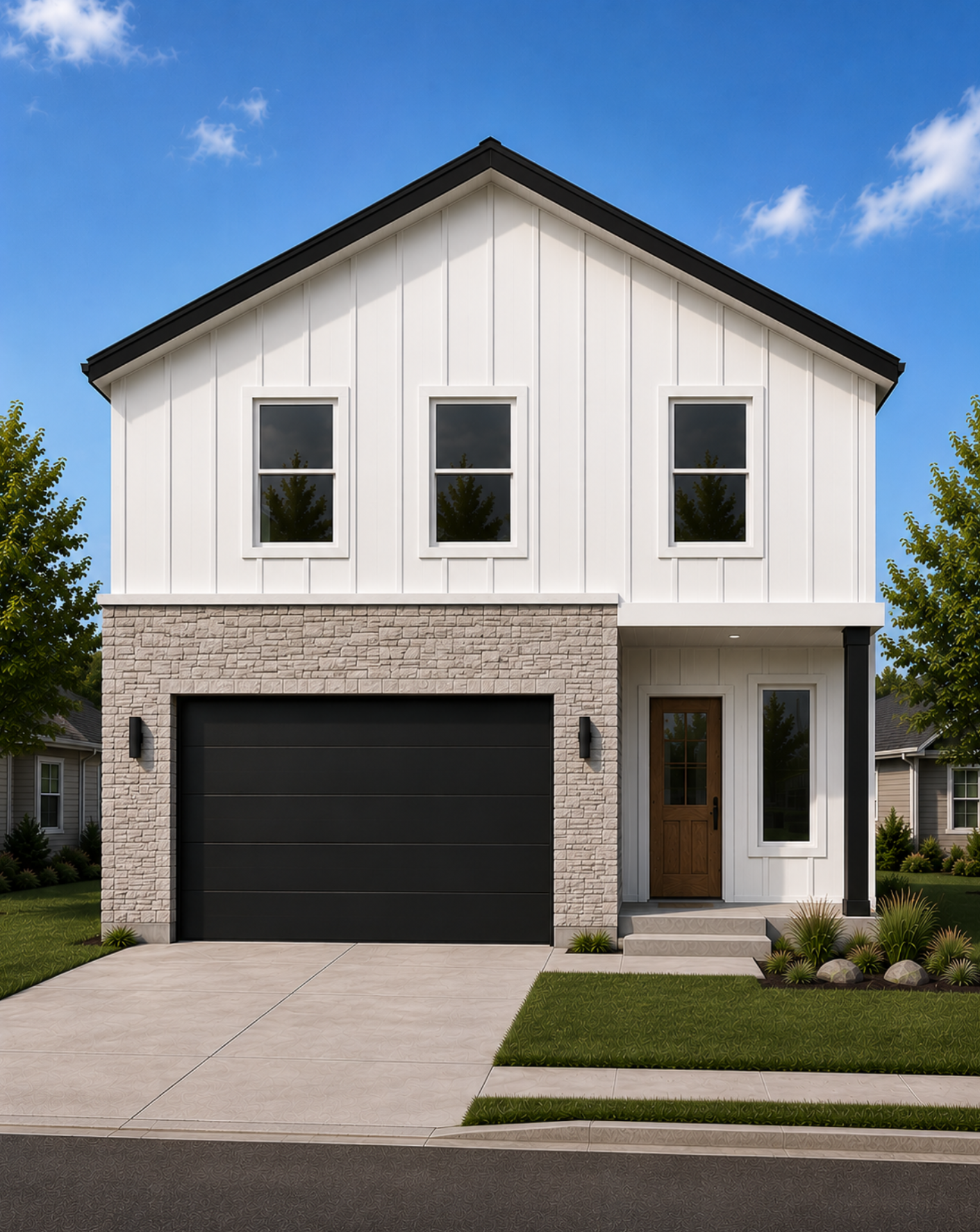 The Alta two-story high-performance home with white siding, stone garage, and black trim