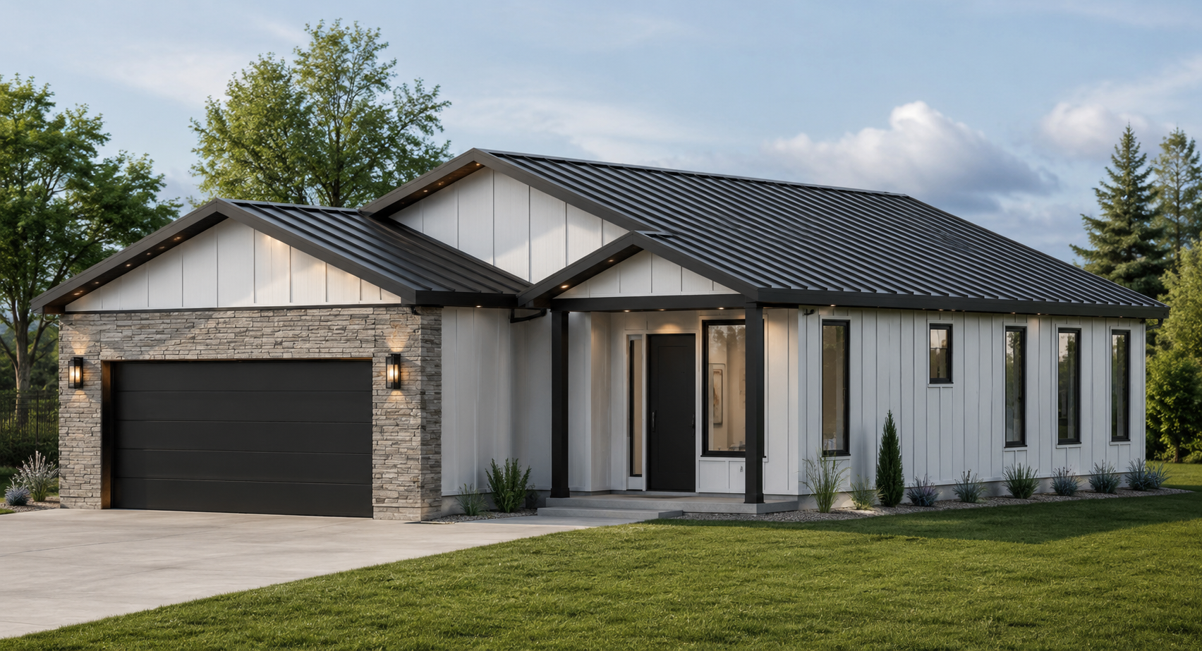 Modern white panelized Bonneville home with black metal roof and stone garage